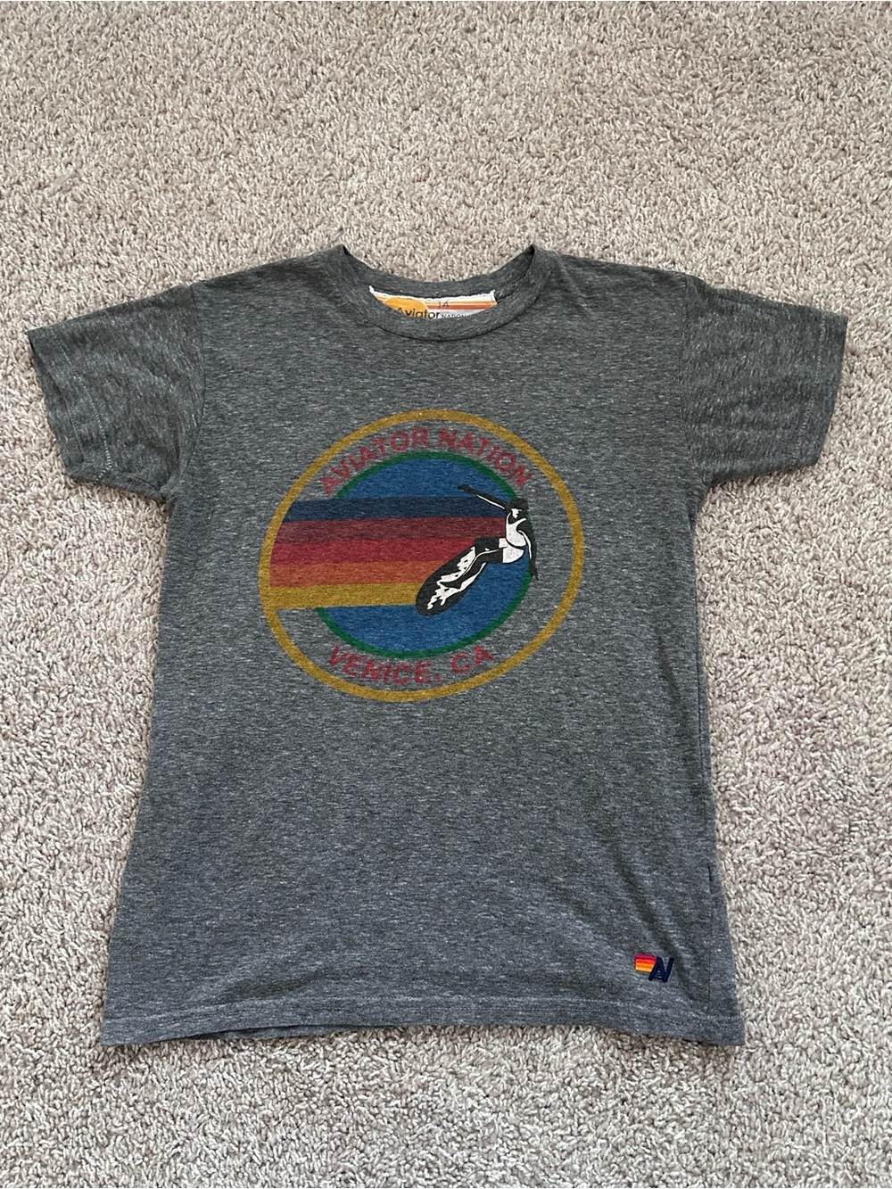 Aviator Nation Kids Heather Gray Tee with Retro Surf Stripe Patch